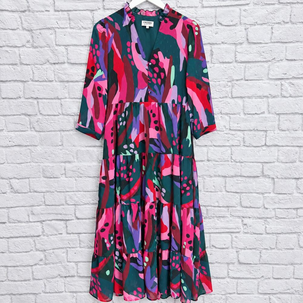Crosby by Mollie Burch Macrostie Dress Tiered Maxi 3/4 Sleeve Size S Teal Pink